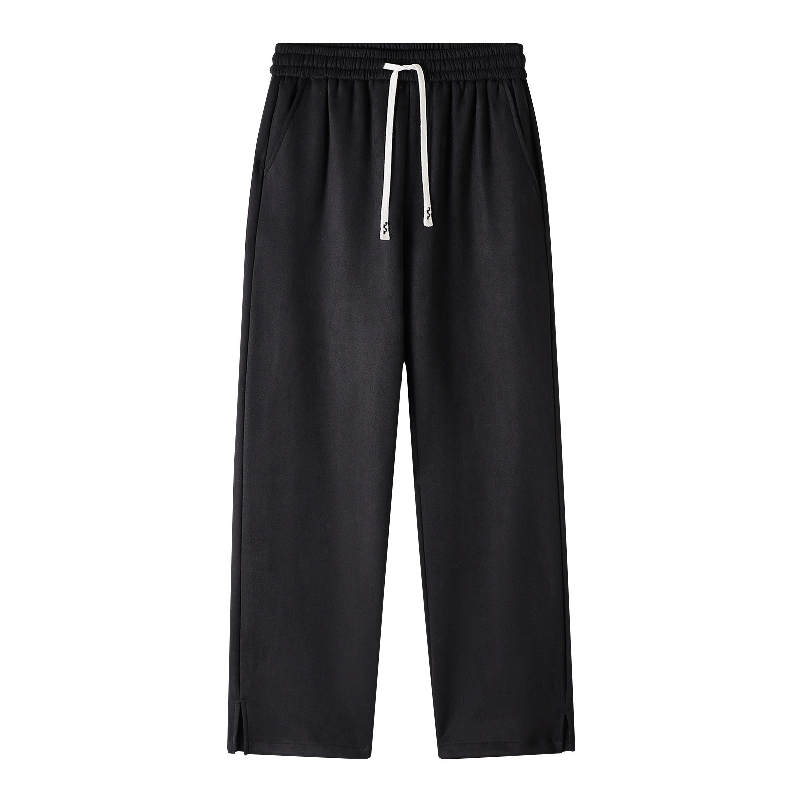 Mens Casual Straight Wide Leg Pants Drawstring Solid Color Elastic Waist Trousers Loose Thin Fleece Sweatpants with Pockets (Black XL)